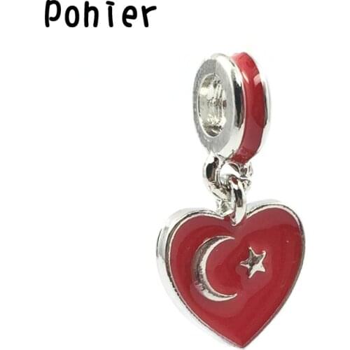 Turkey Flag ,Red Enamel Heart Pendant European Beads Fit Charms Bracelets&Bangle DIY Jewelry