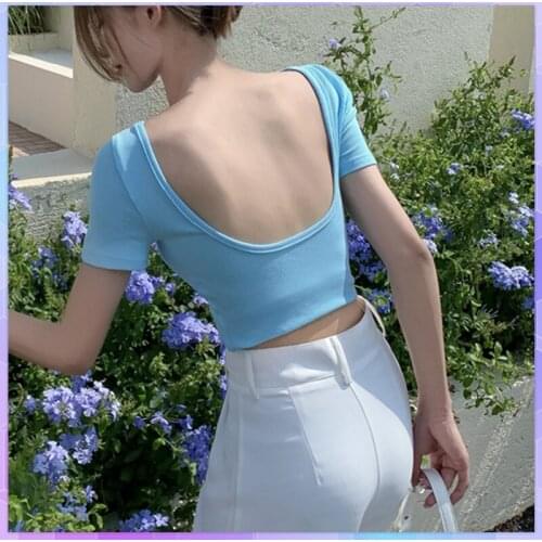 Women Sexy Open Back T-Shirt Short Sleeve Cropped Tops Women T-Shirt Summer Casual Solid U-Neck Shirt Female Clothing Blusas