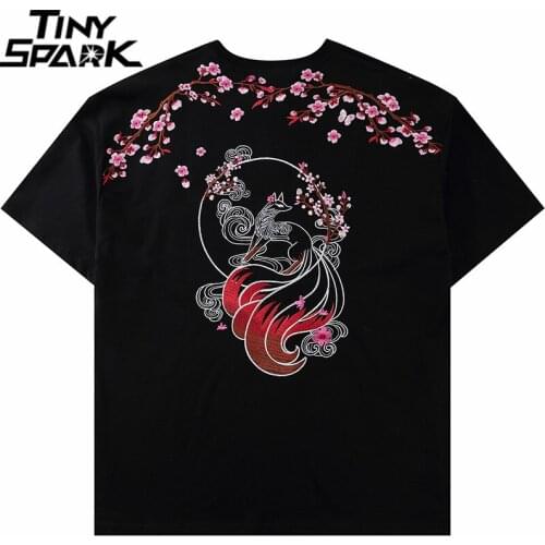 Hip Hop Streetwear T Shirt Embroidery Fox Peach Blossom T-Shirt 2021 Men Harajuku Cotton Tshirt Summer Short Sleeve Tops Tees