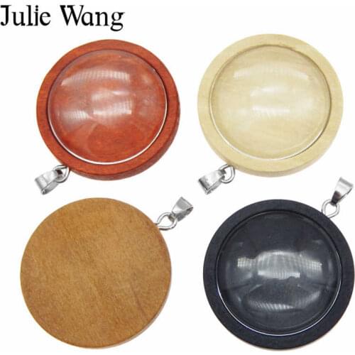 Julie Wang 4PCS 25mm Wood Cabochon Base Settings Hooks Round Glass Cabochon Charm Blank Bezel Tray Jewelry Making Accessory