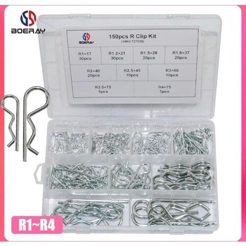 150pcs Carbon Steel R Clip Kits Anti-rust Hair Pin Hitch Retaining R Cotter Pins Tractor Pin Clips Split Cotter Pins Kit 9 Sizes
