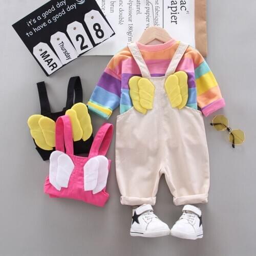 Baby Girls Boys Clothing Sets Infant Clothes Suits Stripe long sleeve T Shirt Rainbow wings Bib pants overalls 2pcs Kid Children