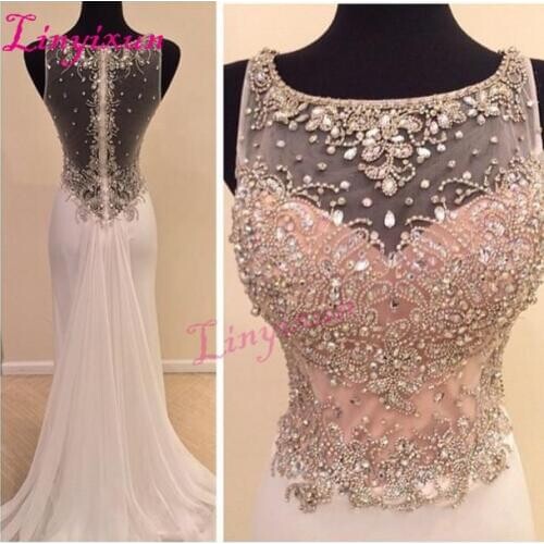 Linyixun 2020 New Vestido de festa Bodice Crystal Beads Sparkly Prom Dress Sheer Illusion Sheath Long Formal Evening Dresses