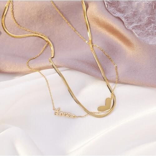 Multi Layered Metal Heart Letters Choker Necklace for Women Gold Color Stainless Steel Love Heart Pendant Necklaces Jewelry Gift