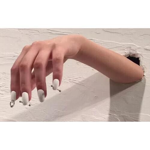 Ins new gothic birght white pure color with sliver ring 3D fake nails American punk style false nails 24pcs lady full nail tips