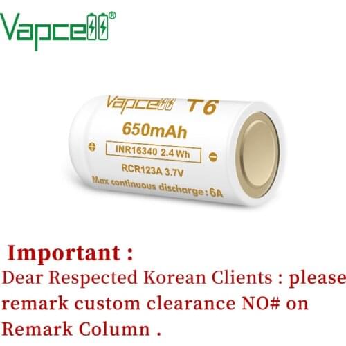 Vapcell Original INR 16340 650mah 6A T6 3.7V Li Ion Battery Rechargeable Button Top Batteries For Flashlight Power Tools