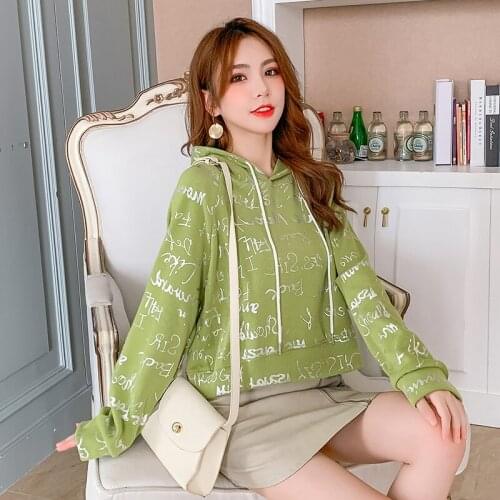 2019 Autumn Korean Style Loose Sweatshirt Solid Color Long-sleeved Print Fashion High Waist Hooded Lazy Wind Sweatshirt