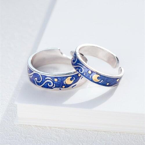 Moon Starry Night Van Gogh Couple Adjustable Rings Art Jewelry Silver Pair Rings For Women Man Lovers Best Gift Jewelry
