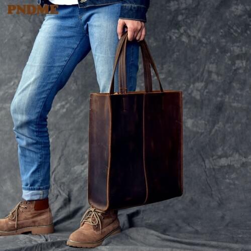 Simple vintage genuine leather mens tote bag casual natural real crazy horse cowhide womens handbag work shopping shoulder bag