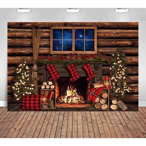 Christmas Photography Background Wood Wall Fireplace Window Night Baby Portrait Backdrop for Photo Studio Decoration