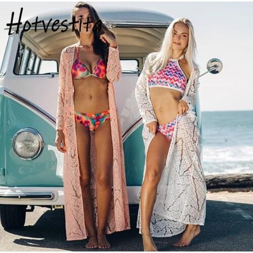 Hotvestita Beach Outer Cover Women Sexy Lace Perspective Corset Bandage Robes Long Sleeve Bikini Sunscreen Sarong Veil Cardigan