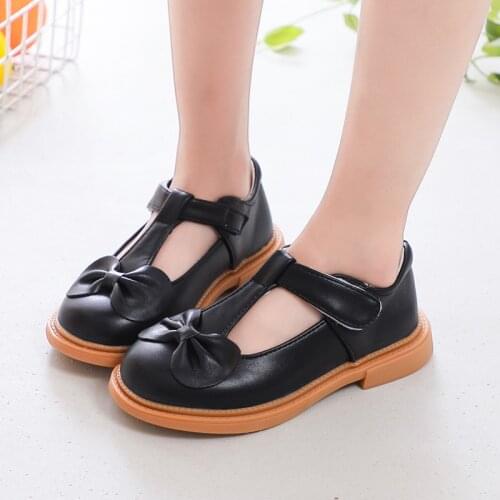 Children Leather Shoes for Girls Mediumn Big Kids School Shoes for Party Wedding Princess Sweet T-strap with Bow Comfortable New