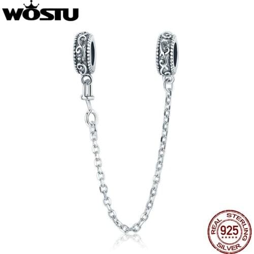 WOSTU 925 Sterling Silver Bead Charm Classical Vine Crystal Safety Chain Charms Fit Bracelets Women Diy Jewelry