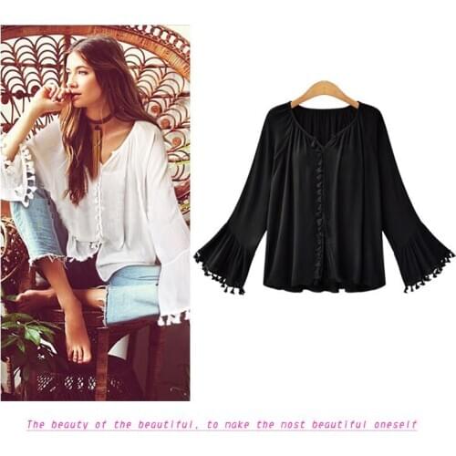 Woman Summer Tassel Woman Blouse Women Shirts Spring Autumn Flare Sleeve Shirt