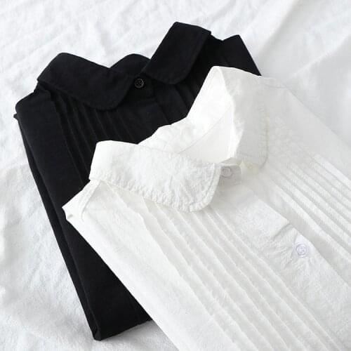 Lamtrip Pleated Peter Pan Collar Solid White Black Long Sleeve Casual Shirt Blouse Vintage