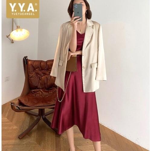 Women Office Satin Blazer Spring Summer Thin Single Breasted Straight Suit Jacket Streetwear Solid Color Formal Outerwear Female
