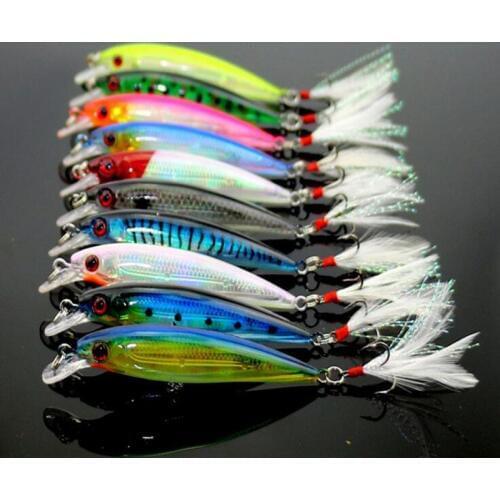 10Pcs Minnow Fishing Lure Swim Hard Bait 9cm 8g Artificial Plastic Feather wobbler Bait Crankbait Fishing Tackle