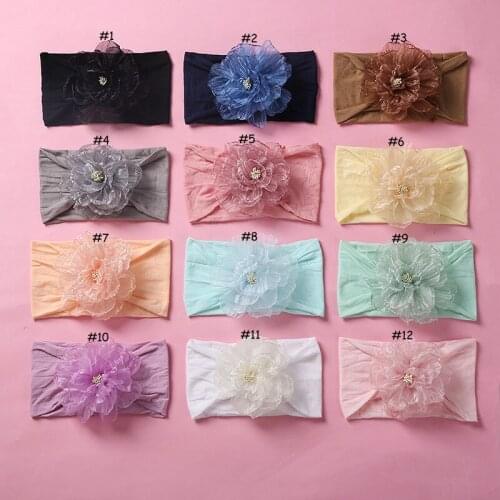 12 Pcs/Lot, Beaded Burned Flower Wide Nylon Headband, New Baby Turban Headwrap, Girls Hair Accessories