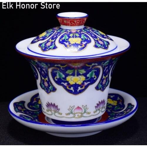 150ml Enamel Painted Cover Sancai Bowl Handmade Bowl Tea Saucer Tea Cup Pot White Porcelain Kung Fu Tea Set Office Decoration