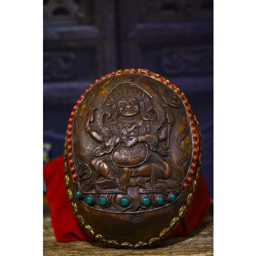 7" Tibet Buddhism Tibetan silver Filigree Gem Dzi Bead Four-armed Mahakala Buddha statue Gabala Bowl Exorcism FiQI Skull Bowl