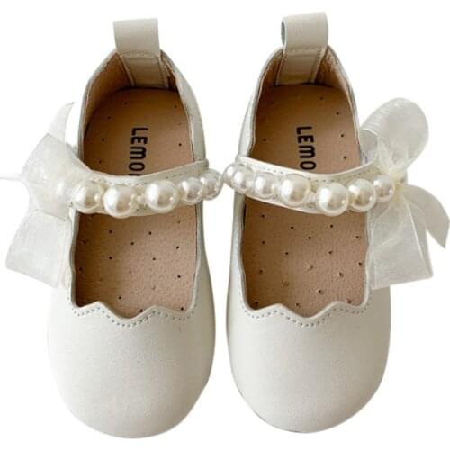 Baywell Spring Autumn Flat British Style Pearl Shoes For ChildrenGirls Princess Lovely Bow Soft Sole Baby Girl Shoes