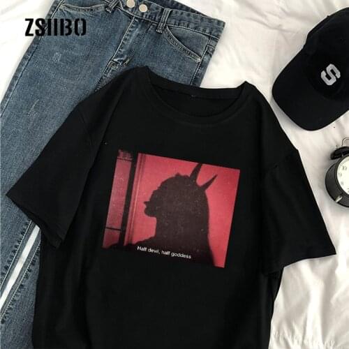 Half devil half goddes Harajuku print letters large size tees loose vintage casual women punk fun gothic dark o-neck t-shirt