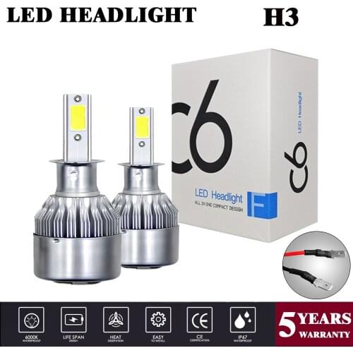 H3 2PCS C6 Car Led Headlight Kit H3 LED COB 6000K 36W 8000LM Hi/Lo Beam Turbo Light White Lamps Bulbs