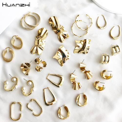 HUANZHI 2019 New Design Gold Metal Plated Irregular Geometric Fold Twisted Round Circle Waterdrop Earrings for Women Girl Party