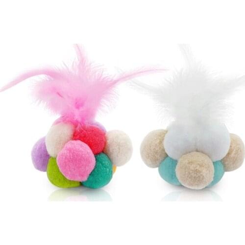 Interactive Cat Toys Plush Elastic Balls Cat Toy with Feathers and Bell Inside for Kitten Puppy Indoor Outdoor 2 Colors