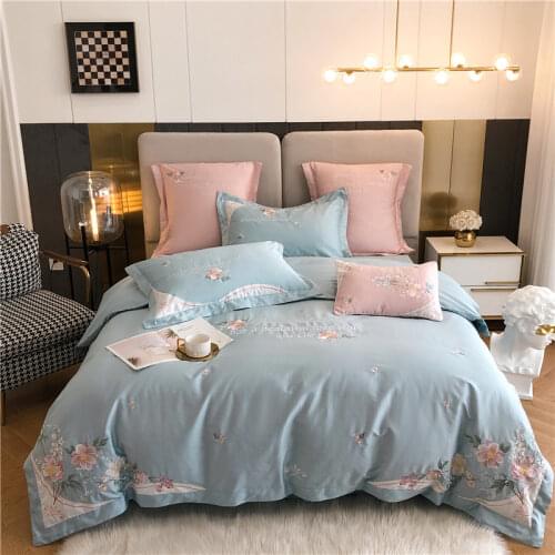 Pink Embroidered Flowers Bedding Set Luxury 60S Egyptian Cotton Double Size Bed Sheet Pillowcase Duvet Cover 4pcs for Home