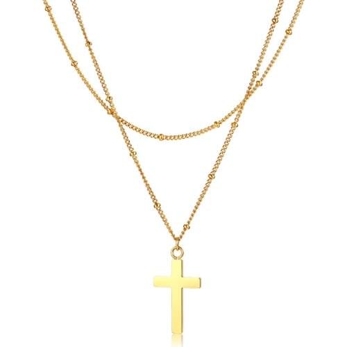 Beautiful & Simple Female Cross Pendant Gold Color Titanium Steel Cross Pendant Double Layers Beads Chain Necklace Jewelry Women