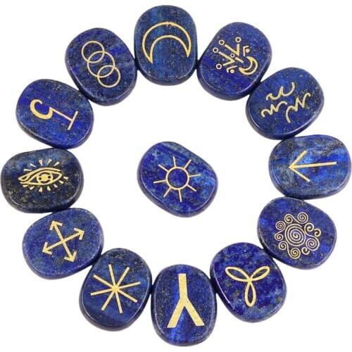 TUMBEELLUWA 1Lot (13Pc) Crystal Engraved Gypsy Symbol Witches Rune Set Palm Stone for Healing Meditation Divination