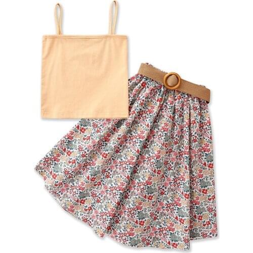 Summer Girl Set Beige Slip Vest + Floral Skirt Suits for Kids Fashion Girls Clothing