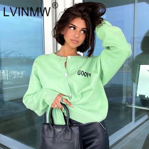 LVINMW Cardigans Letters Stretchy Long Sleeve Baseball Tops Fashion Casual Printed Women Slim Sweaters Buttons Fashion Sports