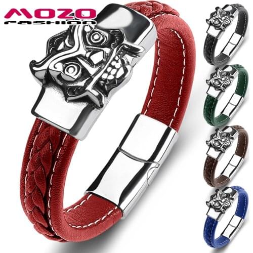 MOZO FASHION Men Bracelets Punk Demon Mask Multi Color Genuine Leather Stainless Steel Charm Dropshipping Jewelry Gifts 129