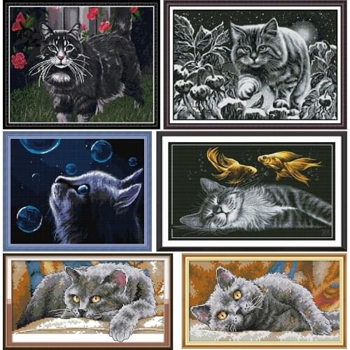Cat At Night Cross Stitch Kit 11CT14CT Printed Pattern Craft Chinese Sewing Needlework Counted Embroidery Accessories Decor Set