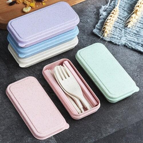 Wheat Straw Folding Travel Cutlery With Box Student Fork Spoon Chopsticks Set Picnic Camping Portable Tableware Kitchen Utensil