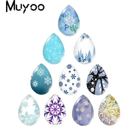 2020 New Blue Snowflakes Tear Drop Glass Cabochon Snowflake Handmade Printed Photo Jewelry DIY Accessories