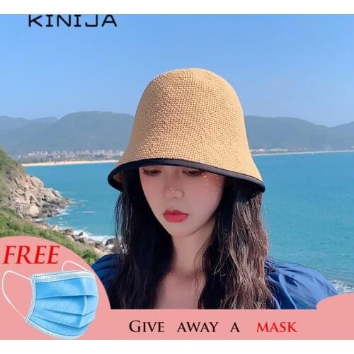 2021 new summer women Hand woven straw cap Korean Back split solid bucket hat Panama designer beach sun protection hats uv caps