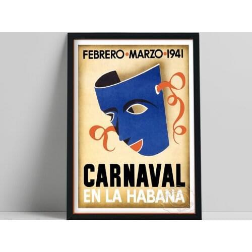 World Travel Poster, Canival Havana Blue Mask Prints, Vintage Festival Celebration Wall Picture, Bedroom Wall Decor, Souvenir