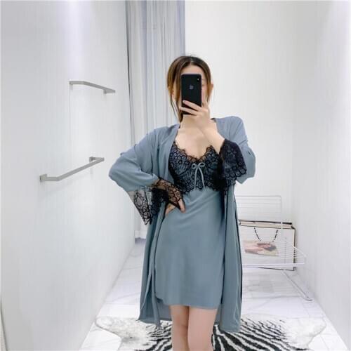 Spring New Suspender Dress Two Piece Satin Chiffon Temperament Pajamas Women Sexy Charming Simple Robe Set Household Women Wear
