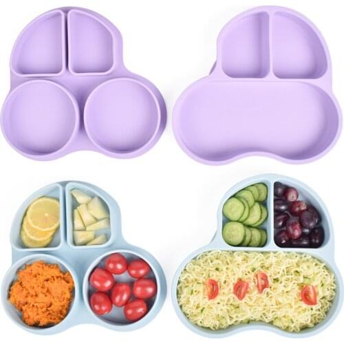 Baby Silicone Tableware Toddler Baby Dishes 1+1 Cartoon Car Shape Plate Feeding Training Bowl Spoon Fork Non-slip Dinner Plate