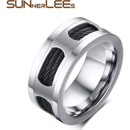 SUNNERLEES Titanium Stainless Steel Rings 10mm Silver Color High Polished With Cool Wire Men Boy Punk Rock Ring Gift R-242