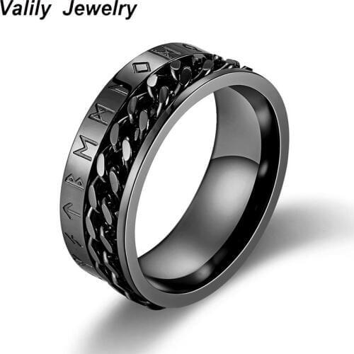 Valily Norse Viking Symbol Ring Stainless Steel Gold/Black Cuban Link Rotating Ring for Men 9mm Band wedding Rings Jewelry