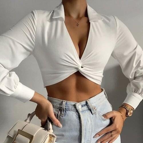 Twisted hem bow T-shirt women 2021 spring new deep V small lapel short long sleeve bottoming shirt women