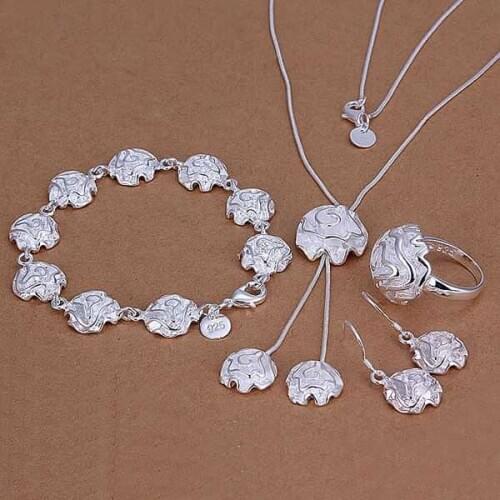 Factory price top quality jewelry silver plated rose jewelry sets necklace bracelet bangle earring ring free shipping SMTS297