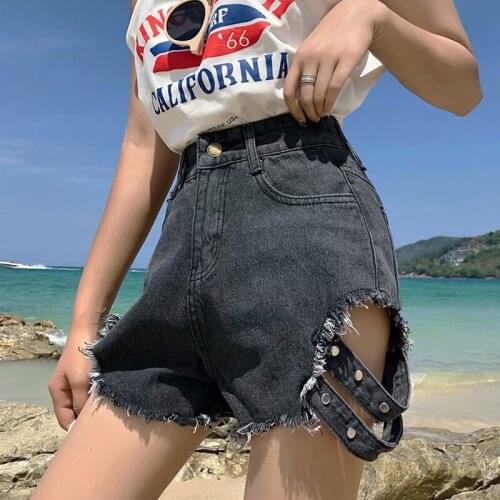 Womens High Waist Denim Shorts Ripped Hollow Out Hole Sexy Plus Size Black Blue Short Jeans 2021 New Fashion Summer Bottoms