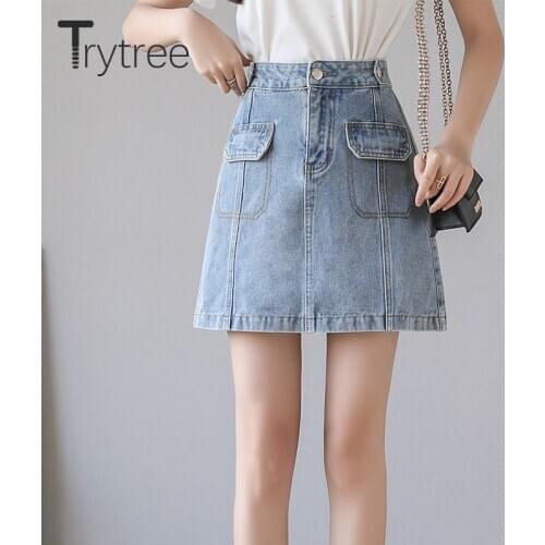 Trytree 2021 Summer Casual Woman Denim Shorts Skirt High Waist Button Fly Pockets Vintage Blue A-line Mini Shorts Skirt Women