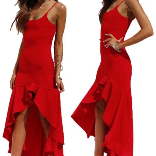 Women New Summer Women Sexy Irregular Halter V Neck Backless Wrap Ruffle Solid Color Splicing Sling Short Beach Dress Vestidos