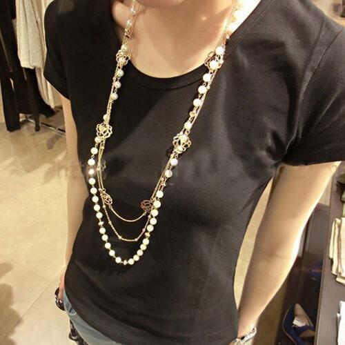 1 Pcs Elegant Multilayer Beaded Rose Necklace Imitation Pearl Alloy Long Sweater Chain for Women Fashion Clothing Accessories